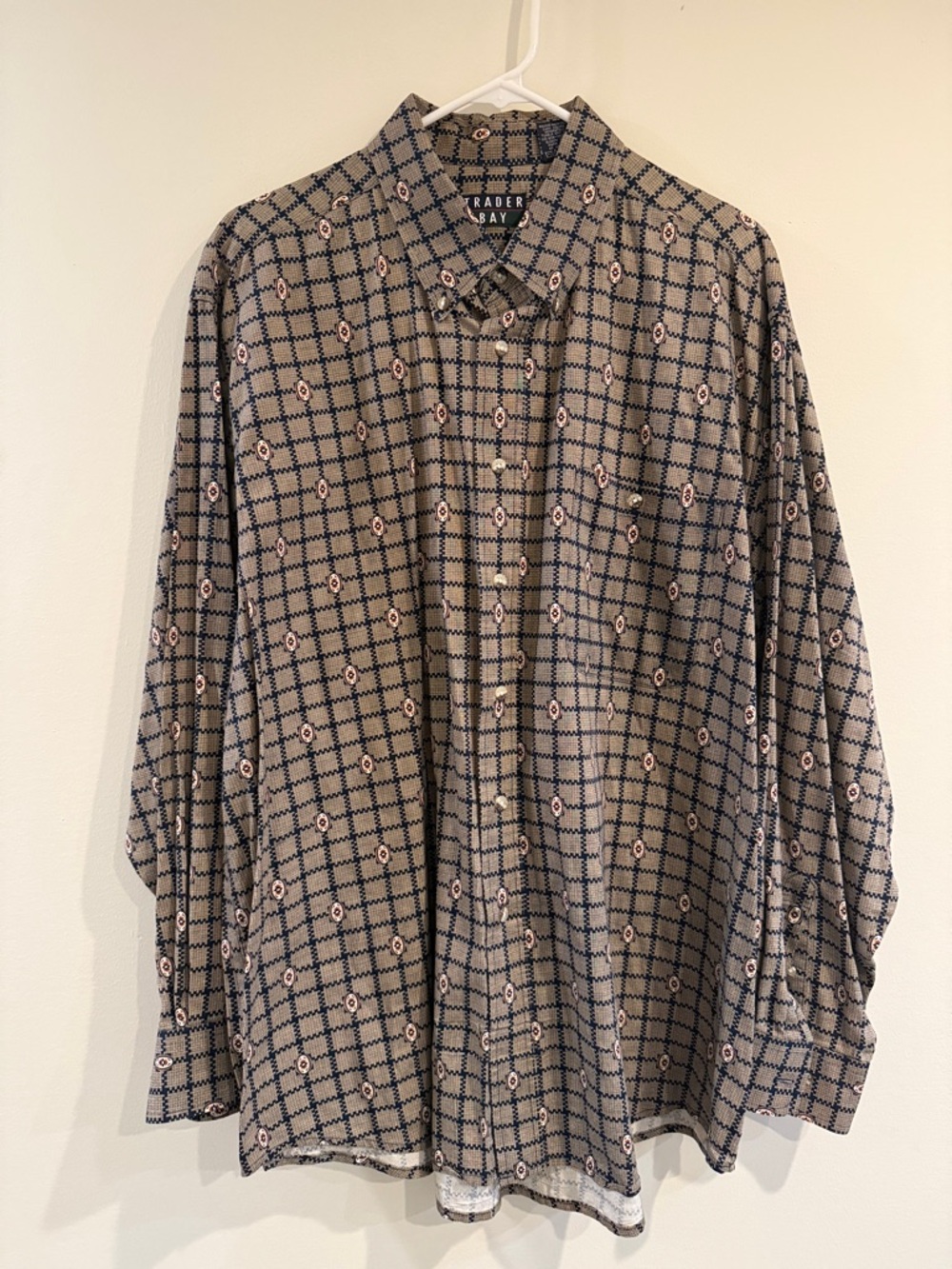 Trader Bay Men's Beige Button-Up Shirt with Navy Grid and Pink Accents